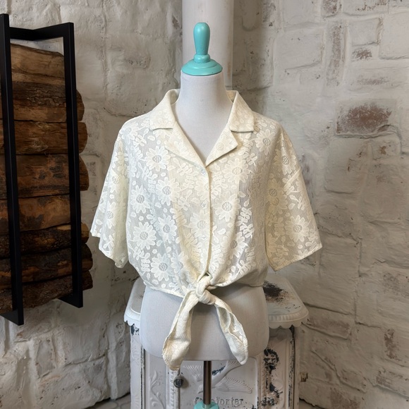 Cider Cream Floral Lace Tie-Front Blouse - Picture 1 of 7